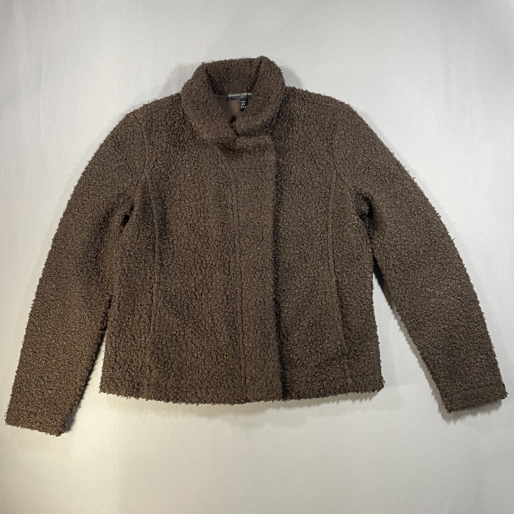Banana Republic Womens Petite XS Brown Boucle Sherpa Zip Front Jacket Coat